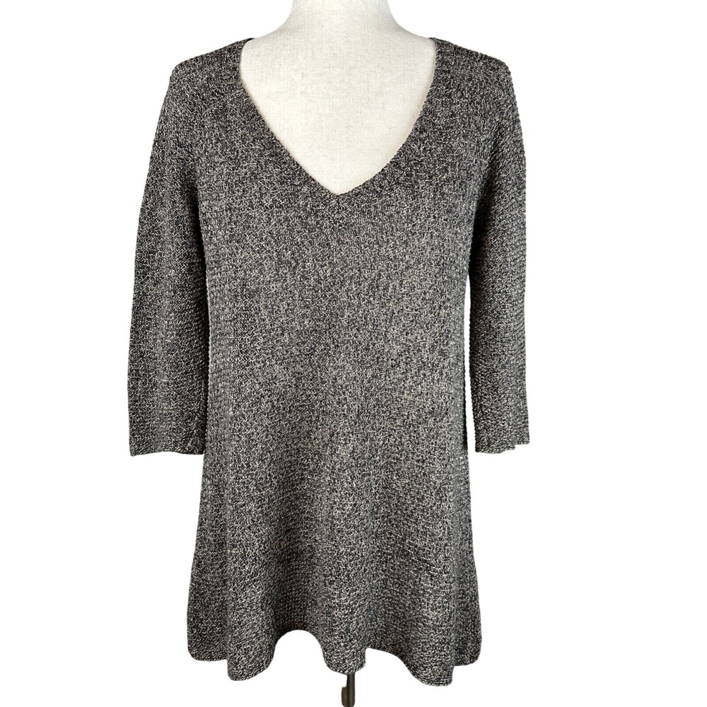 Eileen Fisher V-Neck Tunic Swing Sweater Size S Brown Marl Knit Linen 3/4 Sleeve
